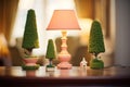 mini topiaries under soft lamp lighting