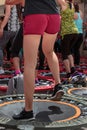 Mini Trampoline Workout: Girl doing Fitness Exercise in Class at Royalty Free Stock Photo