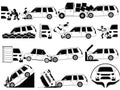 mini van crash and accidents on the road icons set outline concept