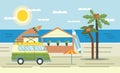 Mini van with surf Board on the roof on the sea and beach bar. Vector illustration in flat style. Royalty Free Stock Photo