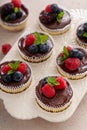 Mini vanilla cheesecakes cooked in a muffin pan with chocolate ganache served with fresh berries