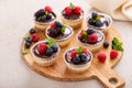 Mini vanilla cheesecakes cooked in a muffin pan with chocolate ganache served with fresh berries