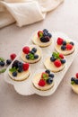 Mini vanilla cheesecakes cooked in a muffin pan served with fresh berries