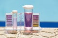 Mini water test kit on pool bottom. Reagent for colorimetric test Royalty Free Stock Photo