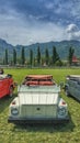 Mini White Jeep VW Tour With Pines Trees Mountain and Sky Background