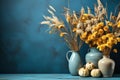 Mini white pumpkins and dried flowers on blue concrete background. Generative AI