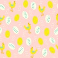 Mini yellow and cream easter eggs and chickens seamless pattern on a soft pink background