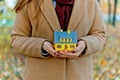 Mini yellow house model in woman hands for mortgage offers and money saving with the buying a property or interior design Royalty Free Stock Photo