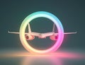 Miniature airplane model, small airliner in rainbow circle, logo or icon design. Air travel concept. Created with generative AI Royalty Free Stock Photo