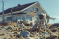 Miniature astronaut background, Miniature astronaut dolls exploring a sandpile in front of a house Royalty Free Stock Photo