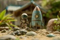 Miniature astronaut background, Miniature astronaut dolls exploring a sandpile in front of a house Royalty Free Stock Photo