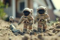 Miniature astronaut background, Miniature astronaut dolls exploring a sandpile in front of a house Royalty Free Stock Photo