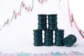 Miniature barrels and graphs of stock fluctuations. Selective focus. Close-up. The concept of rise and fall in the value of oil Royalty Free Stock Photo