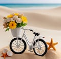 miniature bicycle with flowers in beach side sand and star fish shells, abstract background, generative AI