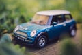 Miniature blue tin car closeup in forest