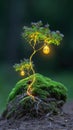 Miniature bonsai tree featuring luminous glowing light bulbs symbolizing creativity and nature Royalty Free Stock Photo