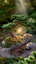 Miniature bonsai tree illuminated by a glowing light bulb symbolizing ideas and creativity Royalty Free Stock Photo