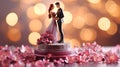 Miniature bride and groom sculpture with pink flowers against bokeh lights. Concept of wedding ceremony, couple unity