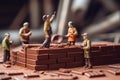 Miniature builders on chocolate bar brick. Generate Ai
