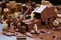 Miniature builders on chocolate bar macro food. Generate Ai