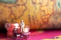 Business man sitting on a coin and a rickshaw Vintage business concept background