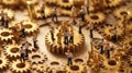 Miniature business people connecting many gears, top view, concept of teamwork. Generative AI weber. Royalty Free Stock Photo