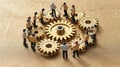 Miniature business people connecting many gears, top view, concept of teamwork. Generative AI weber. Royalty Free Stock Photo