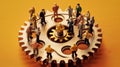 Miniature business people connecting many gears, top view, concept of teamwork. Generative AI weber. Royalty Free Stock Photo