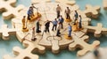 Miniature business people connecting many puzzle, top view, concept of teamwork. Generative AI weber. Royalty Free Stock Photo