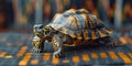 Miniature businessman rides a turtle symbolizing slow but steady longterm success with a rising