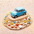 miniature car with flowers in beach side sand and star fish, shells, vector illustration, generative AI Royalty Free Stock Photo