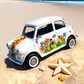 miniature car with flowers in beach side sand and star fish, shells, vector illustration, generative AI Royalty Free Stock Photo