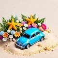 miniature car with flowers in beach side sand and star fish, shells, vector illustration, generative AI Royalty Free Stock Photo