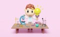 Miniature cartoon boy character hand hold light bulb 3d with science experiment kit, microscope, desk in lab isolated on pink.