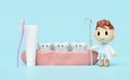 Miniature cartoon character dentist 3d with dentist mirror, toothbrush, gums, dental molar, check for cavities, dental examination