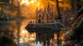 Miniature Castle Reflection in Autumn Forest at Sunset Royalty Free Stock Photo