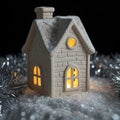 A miniature ceramic house with a textured surface and a chimney is surrounded by artificial snow-like glitter. Royalty Free Stock Photo
