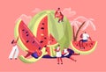 Miniature Characters in Swimsuit Relaxing on Huge Refreshing Ripe Watermelon. Summer Time, Group of People, Family and Friends