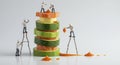 Miniature Chefs Constructing a Zucchini Salmon Tower Royalty Free Stock Photo