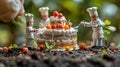 Miniature Chefs Decorating Delicious Strawberry Cake Royalty Free Stock Photo