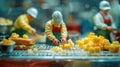 Miniature Cheesemakers in a Cheese Factory Crafting Delicious Sandwich with Care Royalty Free Stock Photo