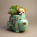 Chihuahua Dog In Succulent Pot: Cute And Dreamy Dieselpunk Style