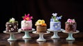 Miniature chocolate cakes, decorated with edible flowers. Generative AI