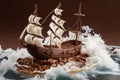 a miniature chocolate ship in full sail, with waves and ropes