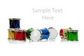 Miniature Christmas drums on white with copy space