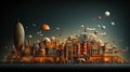 Miniature city with balloons and tall buildings on blue background