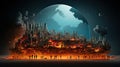 Miniature city with red fire , tall buildings and big moon on background