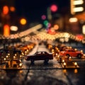 Miniature cityscape, with cars and trucks parked on side of road. There are several vehicles in various positions along