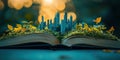 Miniature cityscape emerging from open book with vibrant greenery and flowers Royalty Free Stock Photo