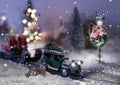 Miniature classic car carrying a christmas tree and gifts on snowy road in winter background Royalty Free Stock Photo